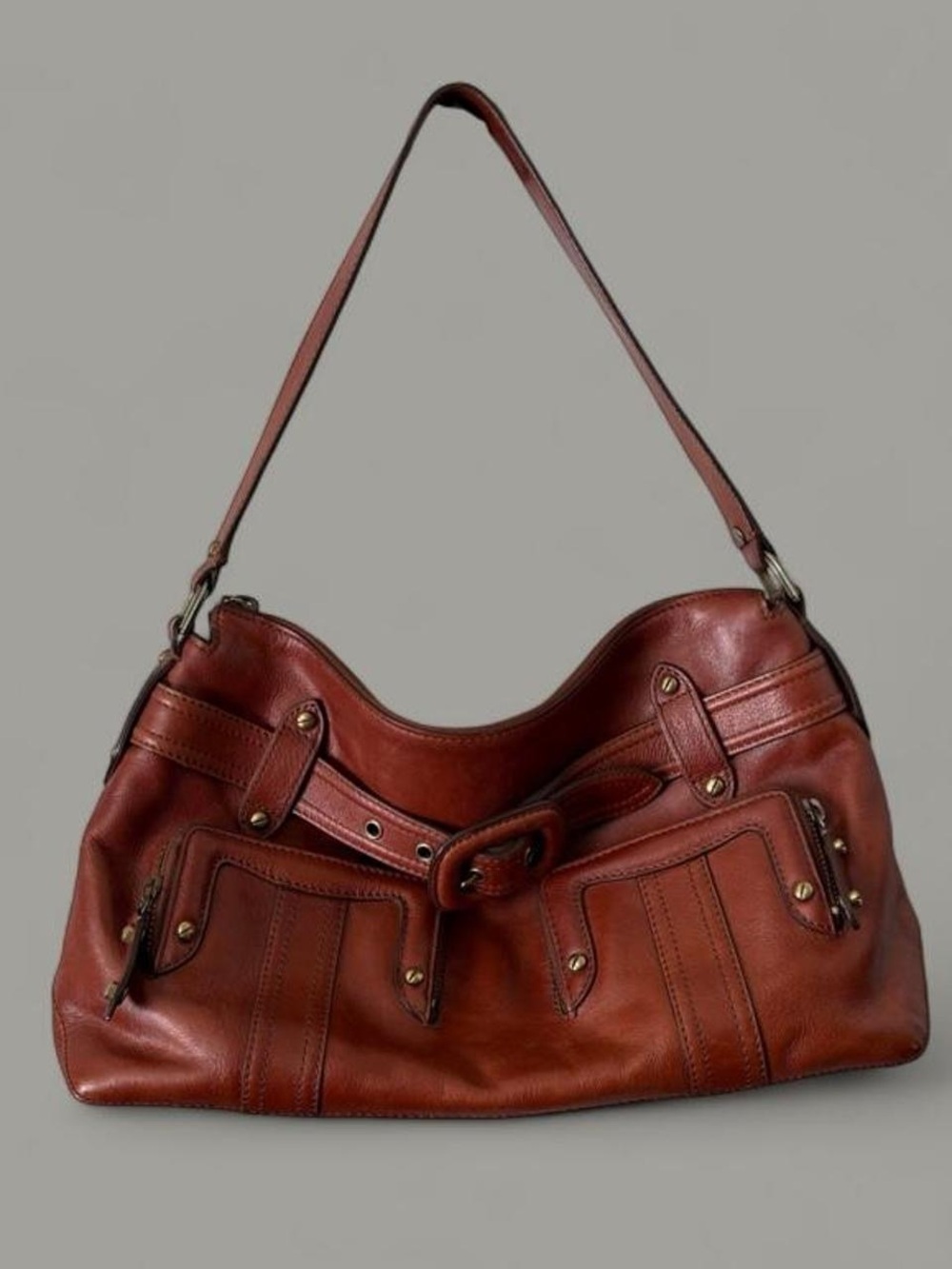 Cole Haan Chestnut Leather Shoulder Bag with Buckle Detail
